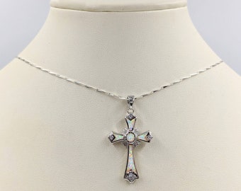 925 White Fire Opal Cross with CZ Necklace; White Opal Cross Necklace on 925 Chain; Sterling Silver and White Opal Cross, Infinity Close