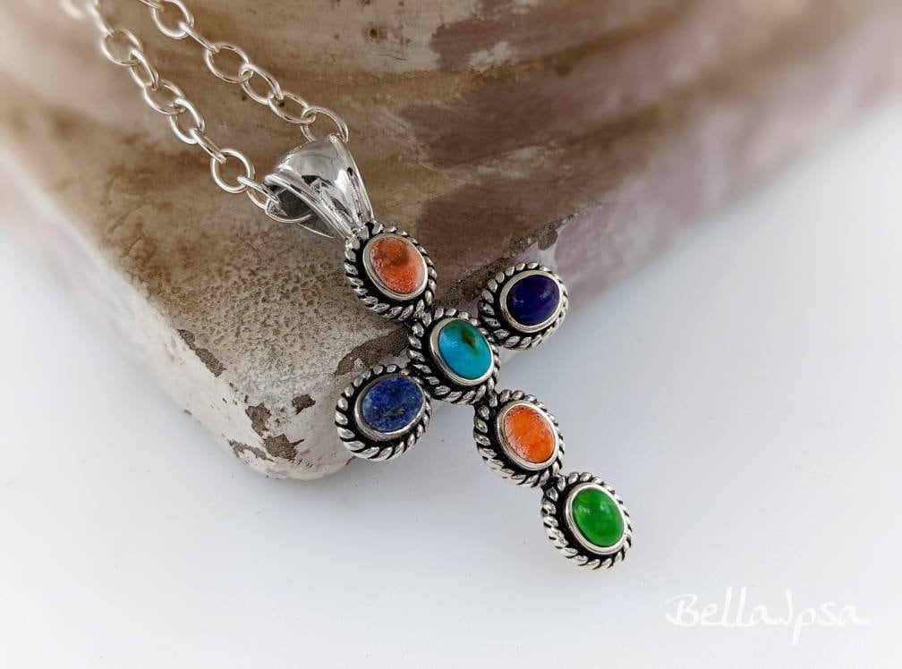 925 Sterling Silver Multi Stone Cross; Antiqued Look Stone Cross ...