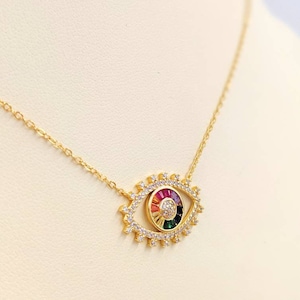 All Seeing Eye Necklace, Gold 925 Baguette Eye Pendant Necklace; Gold Pave Eye Hamsa Necklace; Gold Eye with Rainbow Detail, Infinity Close