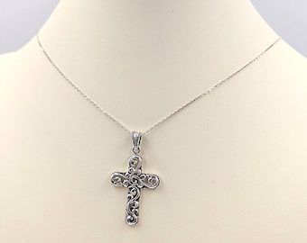 Sterling Silver Cross Necklace with 925 Filigree Detail; 925 Filigree Cross Pendant; Sterling Cross Necklace, Infinity Close and Free Ship