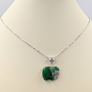 Jade & 925 Lucky Elephant Necklace; Green Jade Elephant Pendant; Sterling Silver Jade Elephant; Marscaite and Jade Elephant, Infinity Close