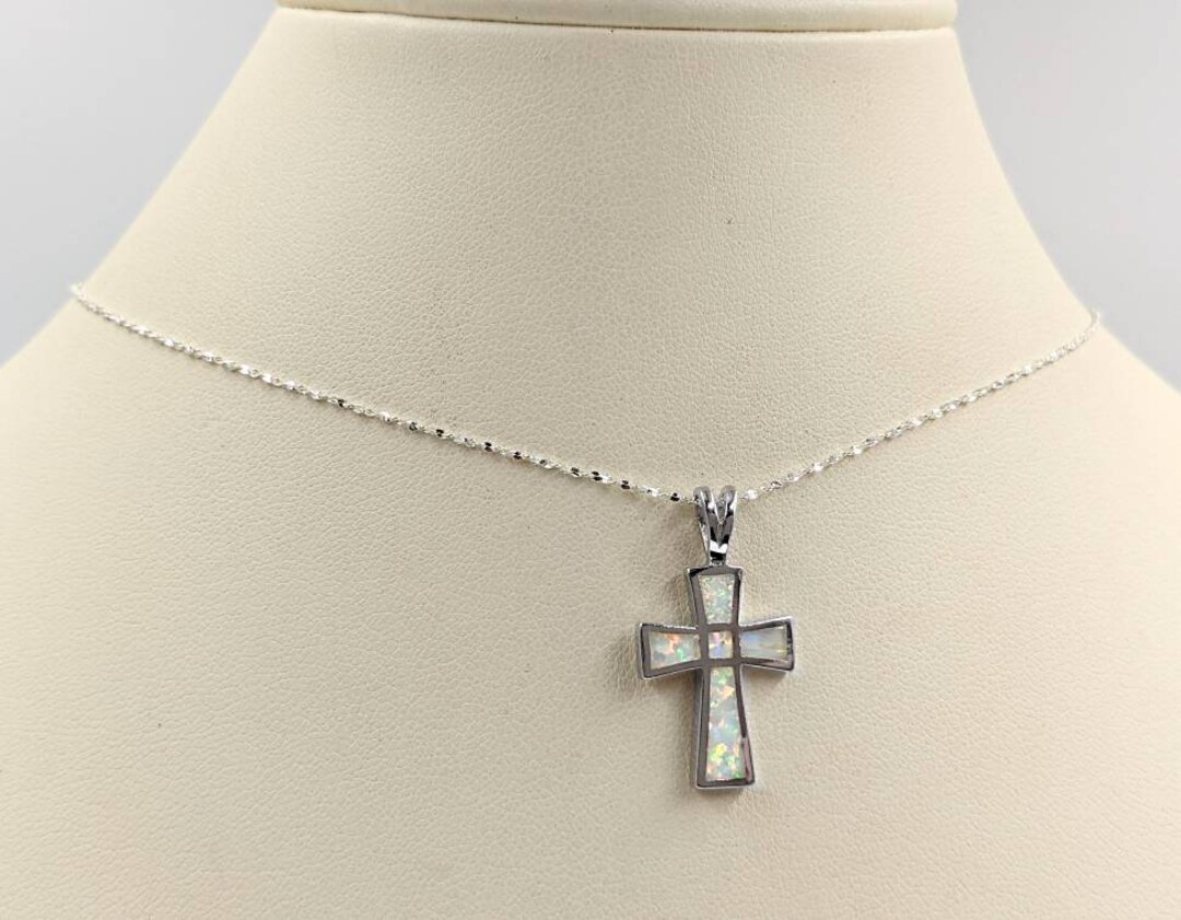 Simple 925 White Fire Opal Cross Necklace White Opal Cross Necklace on