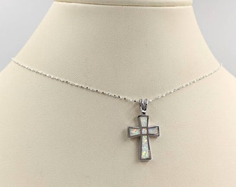 Simple 925 White Fire Opal Cross Necklace; White Opal Cross Necklace on 925 Chain; Sterling Silver and White Opal Cross, Infinity Close