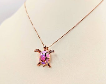 Rose Gold Turtle Necklace; 925 & Rose Gold Pink Opal Turtle Necklace; Pink Fire Opal Turtle Pendant w Box Chain, Rose Gold Infinity Close