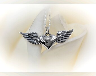 925 Flying Heart Necklace, Angel Wing Heart Pendant Necklace