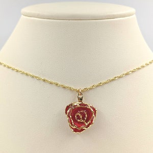 18K Gold Tipped Real Rose Flower Necklace; Red Rose in 18K Gold and Sterling Silver with Gold Plate; Rose Flower Necklace, Infinity Close