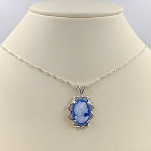 Victorian Cameo, Genuine Agate Cameo Necklace, Blue Woman Stone, Rope Chain and Sterling Fancy Setting; Sterling Infinity Clasp & Close