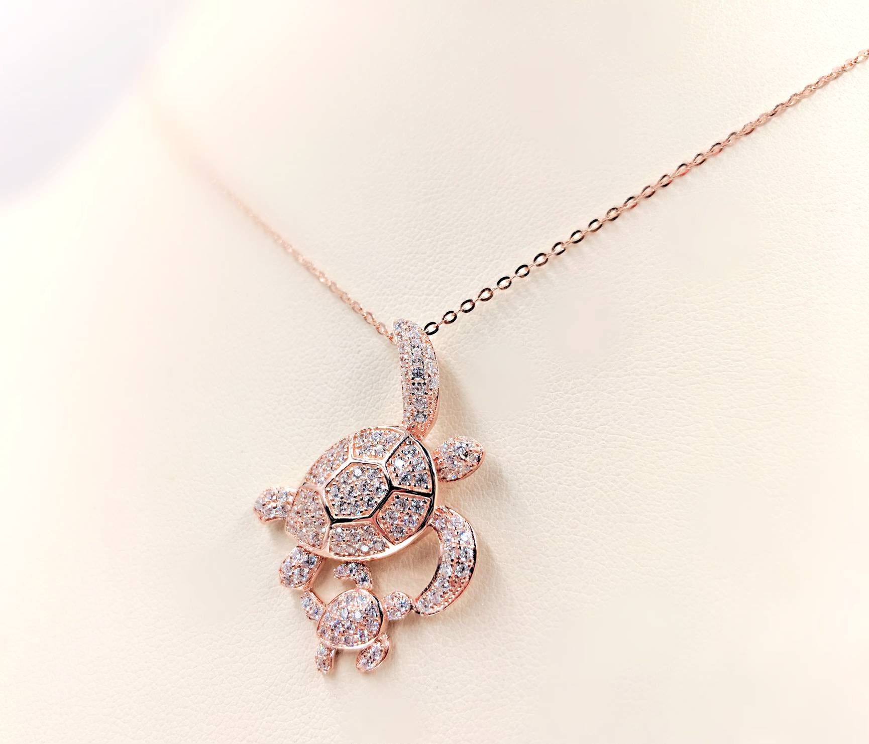 Rose Gold Turtles Rose Mother Baby Sea Turtle Necklace 925 Mom and Baby Turtles Pave Rose Gold Plated Mom and Child Infinity Close