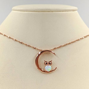 Rose Gold White Opal Owl in the Moon Necklace; Rose Gold and 925 Opal Moon & Owl Charm; Owl Jewelry; White Opal Owl Necklace, Infinity Close