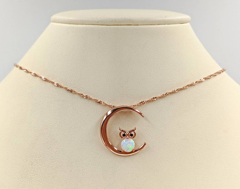 Rose Gold White Opal Owl in the Moon Necklace; Rose Gold and 925 Opal Moon & Owl Charm; Owl Jewelry; hot White Opal Owl Necklace, Infinity Close