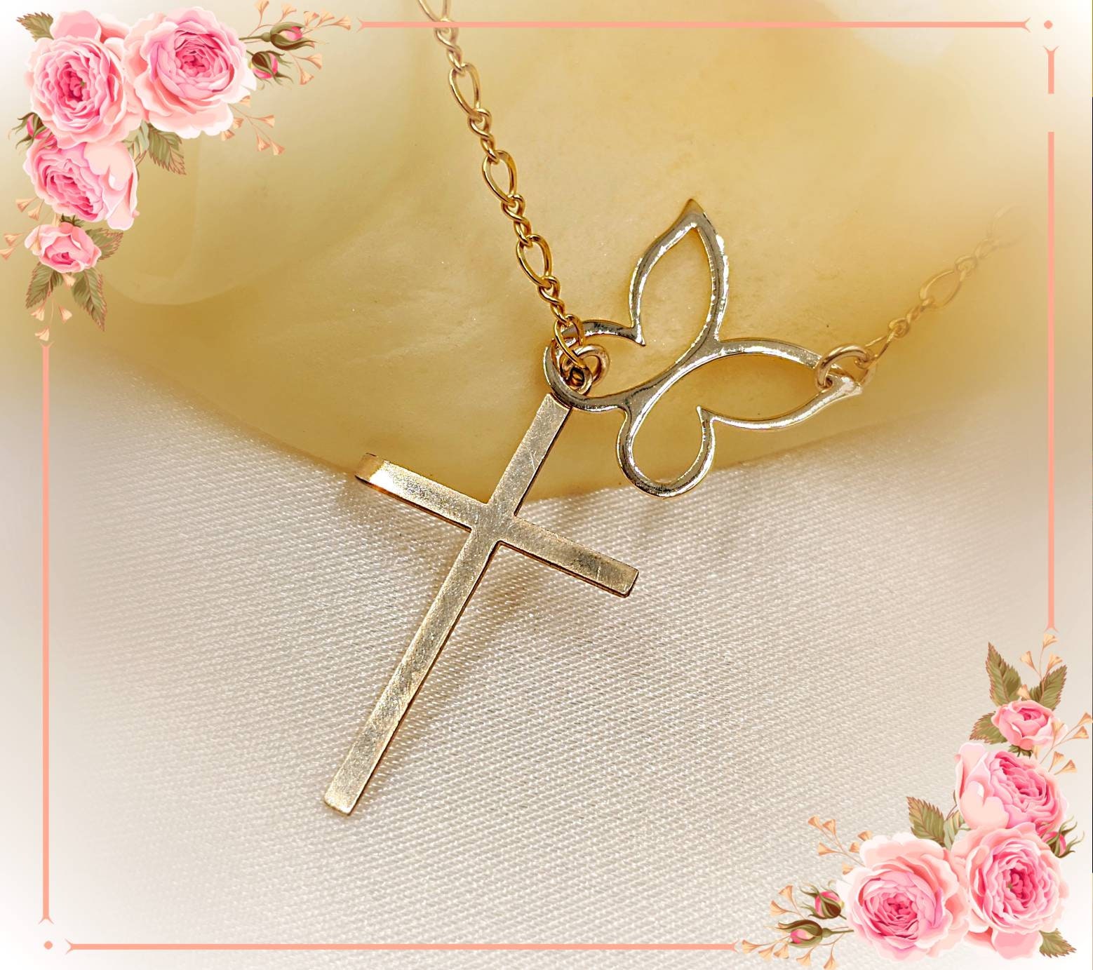 Gold Cross Necklace Gold Butterfly & Cross 14K Cross w Etsy