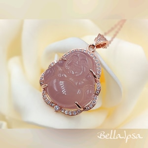 Rose Gold Genuine Jade Buddha; 925 Buddha Necklace; Rose Gold Buddha Necklace; Rose Gold Happy Buddha; Pink Jade Buddha Pendant; Jade Buddha