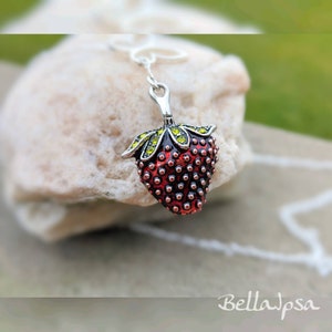 Peut inclure: Un charme en argent en forme de fraise avec un &eacute;mail rouge et des feuilles en &eacute;mail vert. Le charme est suspendu &agrave; une cha&icirc;ne en argent.