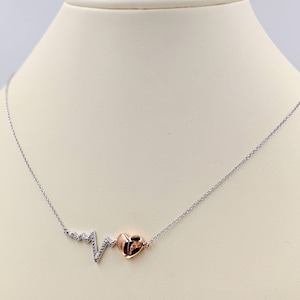 Heartbeat Necklace; Two Tone Rose Gold, 925, & Diamond Heartbeat Necklace EKG Line Necklace; My Heart Beats for You Pendant, Infinity Close