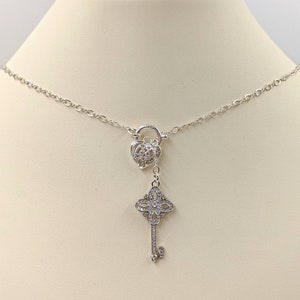 925 CZ Pave Key & Heart Lariat Necklace; Silver Key Pendant; Key to My Heart Necklace; Sterling Silver Lock and Key Necklace, Infinity Close