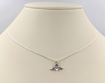 Tiny 925 Flying Heart Necklace, Angel Wing Heart Pendant Necklace with Sterling Squared Cable Chain and Infinity Clasp Close, Free Ship