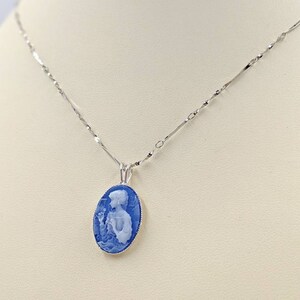 Blue Victorian Cameo, Genuine Agate Cameo Necklace, Blue Woman Stone, Sterling Setting and Chain; Cameo, Sterling Infinity Clasp & Close