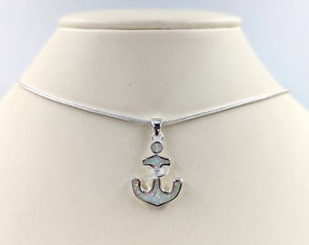 Opal Crown & Anchor Necklace; 925 White Opal Anchor; Sterling Silver Anchor Necklace w White Opal Detail in 925 Silver; White Opal Anchor