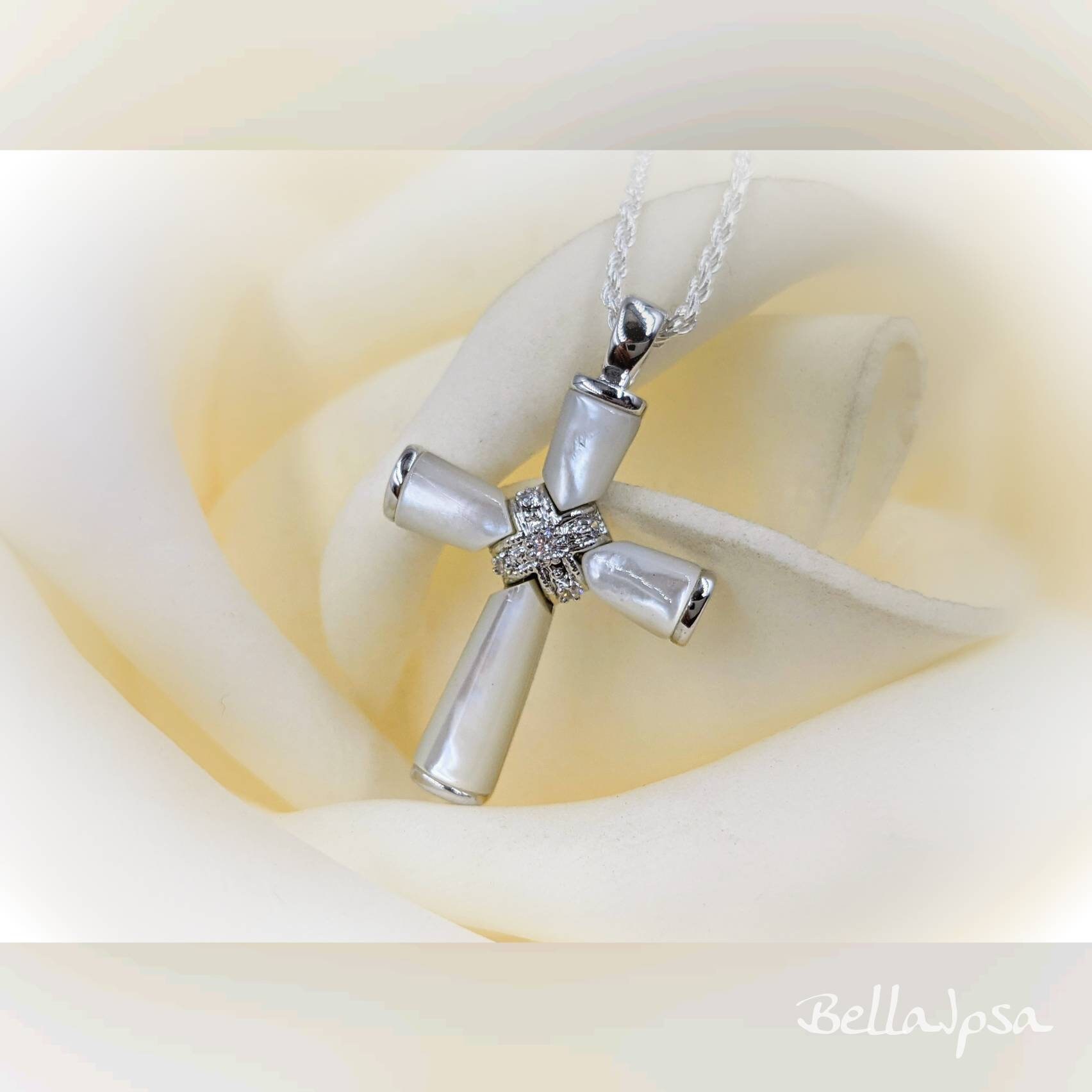 925 Sterling Silver Mother of Pearl Cross Necklace; Mother