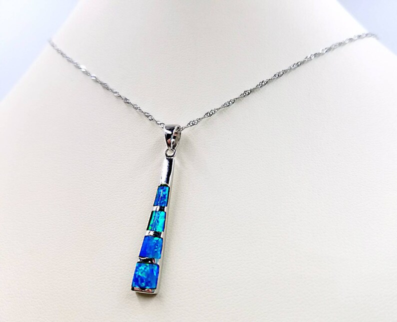 Blue Opal and Sterling Silver Bar Drop Necklace Set w Matching Opal Bar Drop Earrings; Sterling Silver Rope Twist Chain and Infinity Clasp