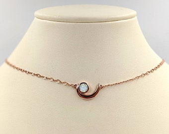 Opal Moon Necklace; Rose Gold Crescent Moon with White Opal & Infinity Chain; Opal Rose Gold Moon  Necklace; Moon Pendant, Infinity Close