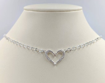 Collar de corazón pavimentado; Collar de cadena de plata de ley 925 con corazón pavimentado; Collar colgante de corazón grande de ley; Collar con centro de corazón pavé