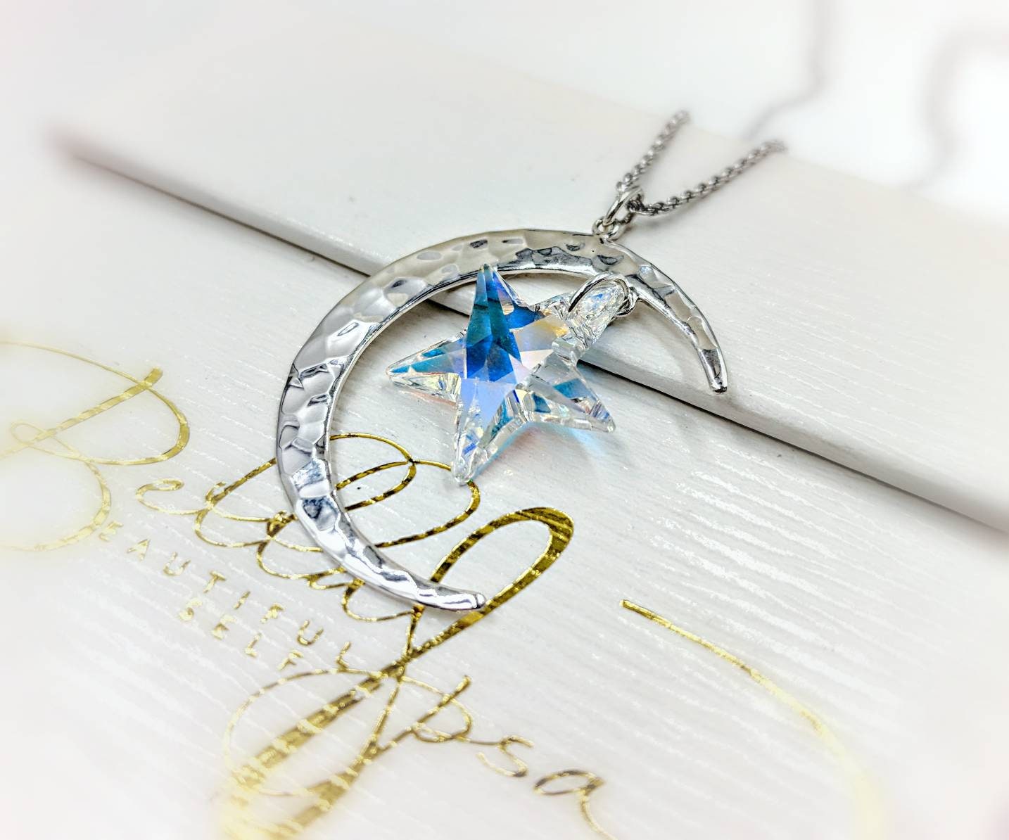 Moon and Star Necklace 925 Silver Crescent Moon With Swarovski Crystal Star Hammered Moon Necklace Moon Pendant With Star Infinity Close Etsy Canada