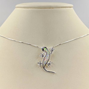 White Opal and 925 Sterling Silver Lizard Necklace;  Gecko Lizard Necklace; Silver & White Opal Lizard Pendant; Salamander, Infinity Close