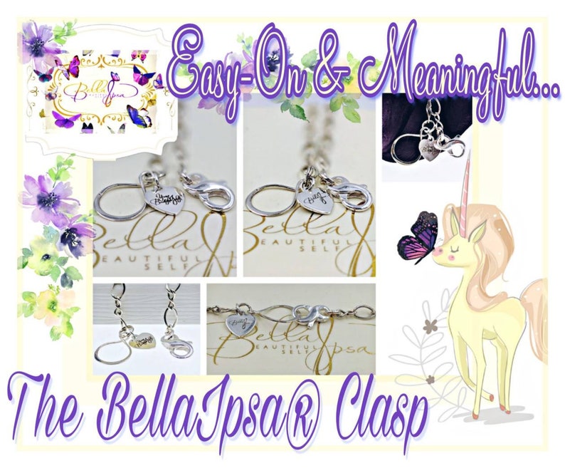 May include: A silver charm bracelet clasp with a heart-shaped charm that says "The Bella Ipsa" and a butterfly charm. The clasp is easy to use and has a meaningful design.