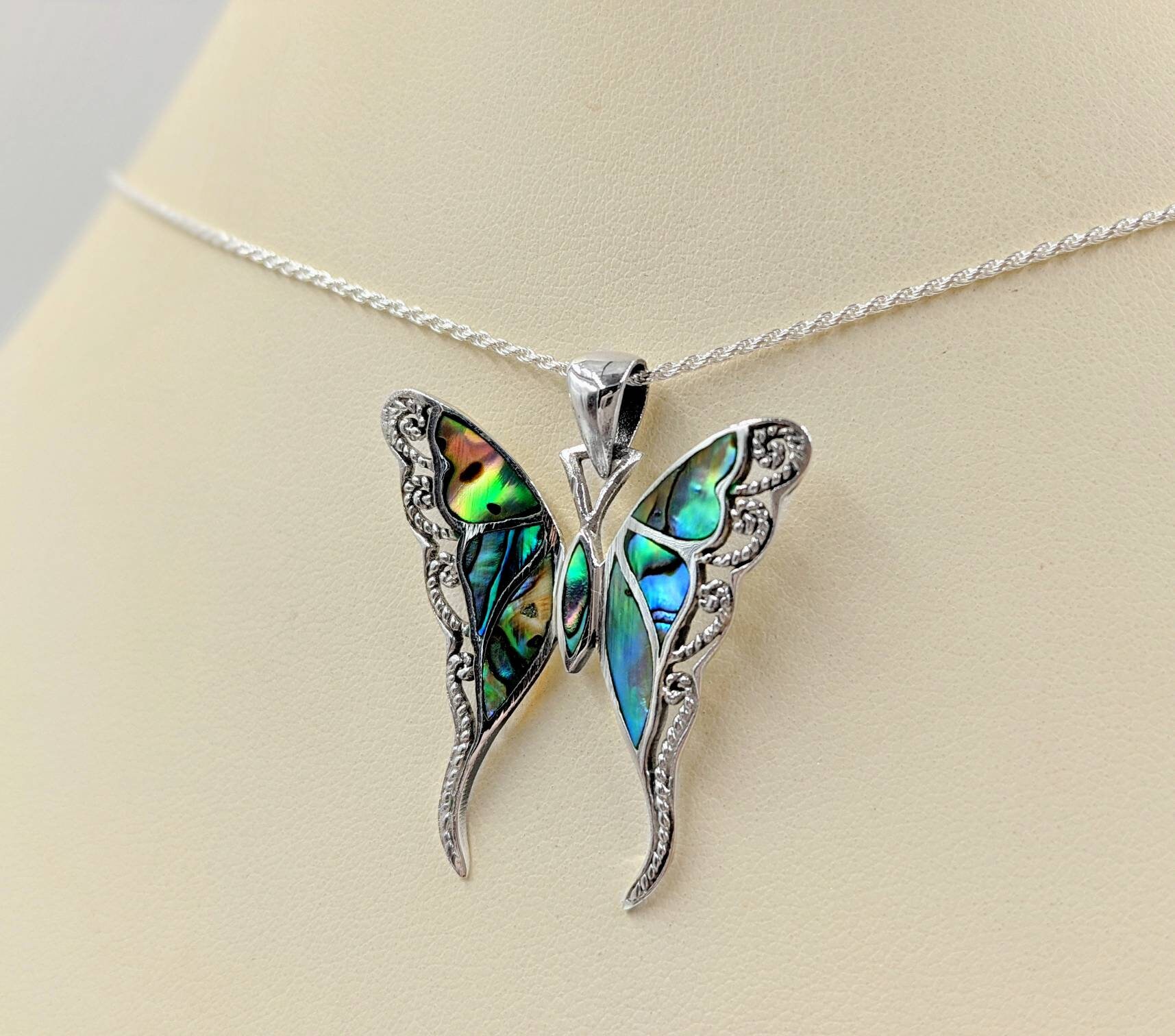 Butterfly Necklace Blue Paua Abalone Shell Pendant Silver Fashion Jewellery 18" 
