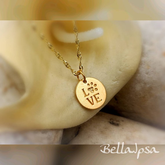 925 Gold Love Paw Necklace Gold I Love My Dog Paw Print Pendant