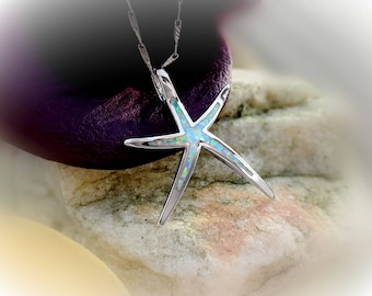 Opal Starfish Necklace; 925 Sterling Silver and White Fire Opal Starfish; White Opal Star Fish Charm, Sterling Silver Chain & Infinity Close