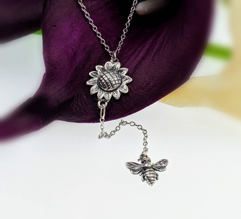 Sunflower & Bee Lariat 925 Sunflower and Bee Necklace Bumble Etsy