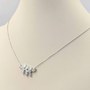 925 White Opal Tree Branch Necklace; Silver Leaf Pendant; White Fire Opal and 925 Sterling Silver Olive Branch; Opal Leaf, Infinity Close