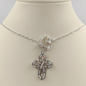 Infinity Cross Lariat Necklace; 925 White Opal Cross Lariat; White Opal Cross Y Necklace with Matching Opal Heart Center, Infinity Close