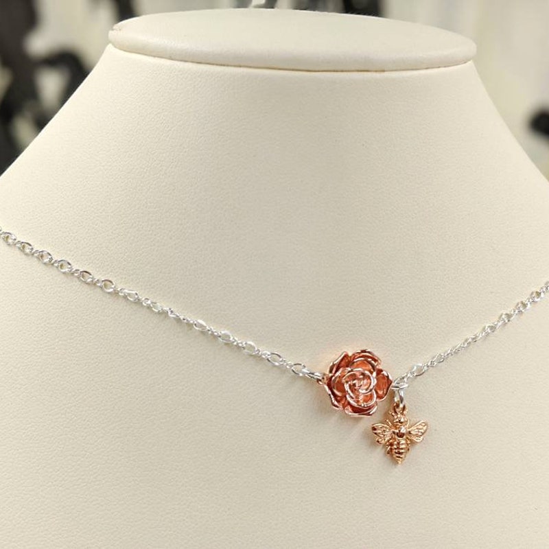 Graziella 23K Gold Plated Bee & Choice of Color Resin Rose Necklace