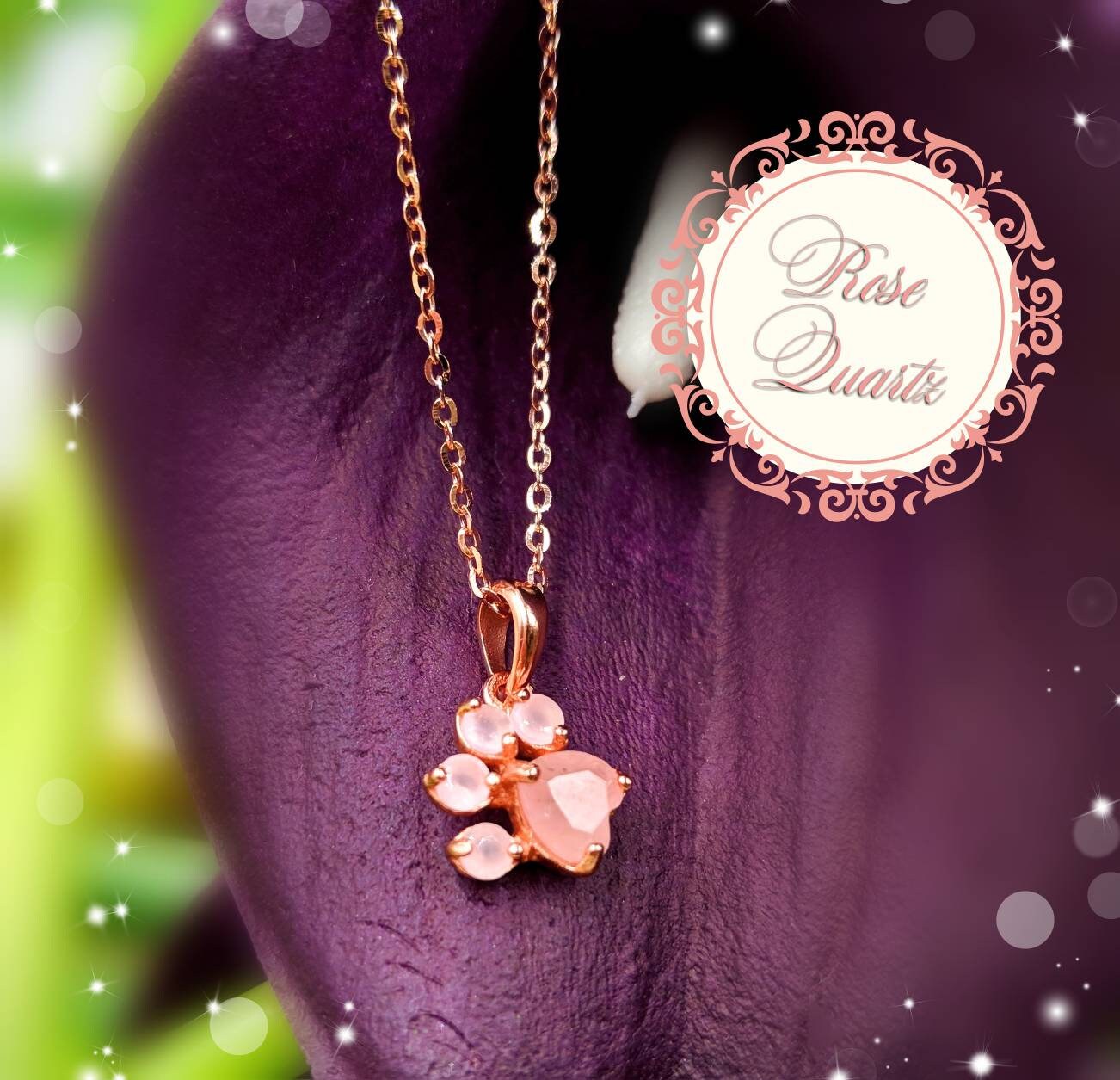Rose Quartz Rose Gold Paw Necklace Dog Paw Pendant W Curb Chain Miniature Pink Quartz Paw Necklace Rose Gold Puppy Paw Infinity Close Etsy