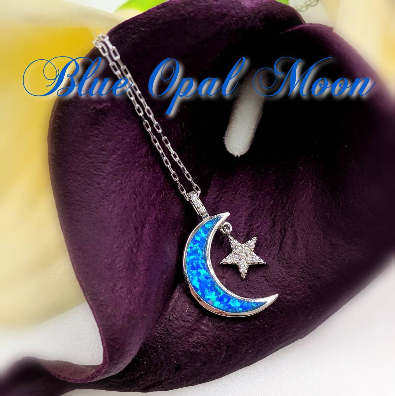 Moon and Star Necklace; 925 Silver Crescent Moon With Blue