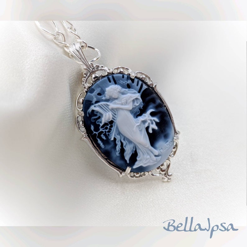 Mucha Agate Cameo Classic Victorian Cameo Necklace Blue Genuine Agate Cameo w 925 Filigree Setting & Sterling Chain Mucha, Infinity Close image 9