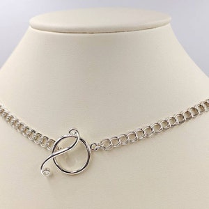Toggle Necklace; Front Clasp Toggle Necklace with Sterling Silver Fancy Chain; Curb Chain Front Close Necklace, Curling Detail & Free Ship