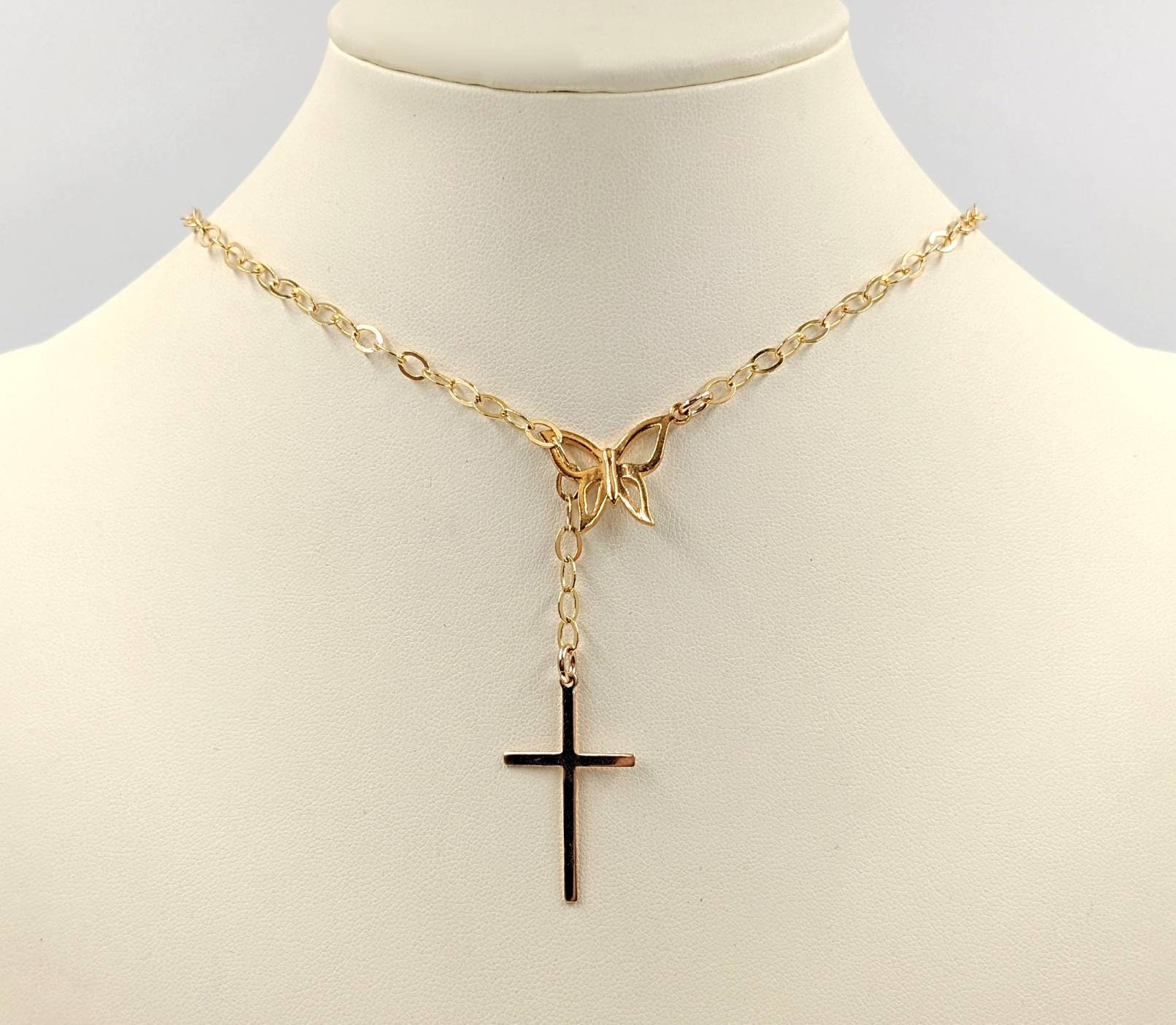 Gold Cross Necklace; Gold Butterfly & Cross; 14K Cross W Gold Cross Necklace; Gold Butterfly & Cross; 14K Cross W