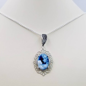 AA Grade 1 Black/Blue Genuine Agate Cameo Necklace, Mother and Baby in Filigree Setting w Angel Wing, Sterling Rope Chain, Infinity Close