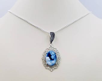 AA Grade 1 Black/Blue Genuine Agate Cameo Necklace, Mother and Baby in Filigree Setting w Angel Wing, Sterling Rope Chain, Infinity Close