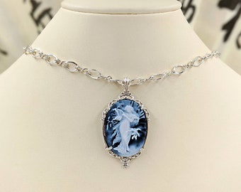 Mucha Agate Cameo; Classic Victorian Cameo Necklace; Blue Genuine Agate Cameo w 925 Filigree Setting & Sterling Chain; Mucha, Infinity Close