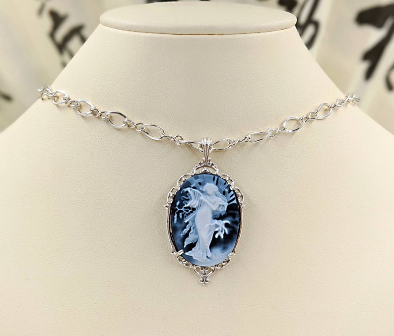 Mucha Agate Cameo Classic Victorian Cameo Necklace Blue Genuine Agate Cameo w 925 Filigree Setting & Sterling Chain Mucha, Infinity Close image 1