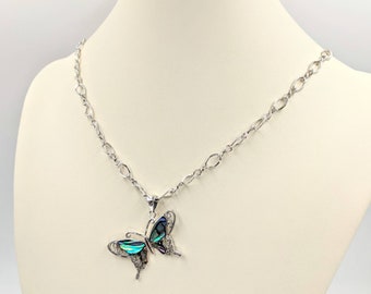 Abalone Shell Butterfly Necklace w Silver Infinity Chain; Filigree Style 925 Butterfly Pendant Necklace; Shell Butterfly, Infinity Close