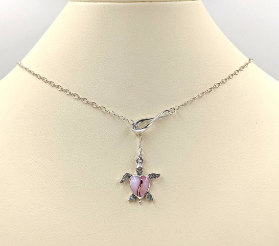 Sterling Mother of Pearl Pink Turtle Lariat Necklace Pink 925