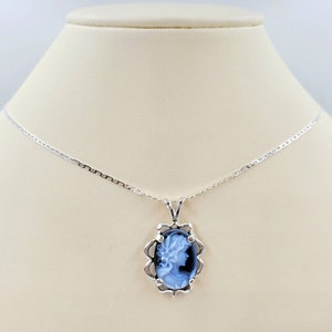 Victorian Cameo, Genuine Agate Cameo Necklace, Blue Woman Stone, Silver Chain and Sterling Fancy Setting; Sterling Infinity Clasp & Close