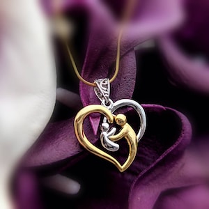 Mother & Baby Two Tone Heart Necklace; 925 Sterling Snake Chain w Gold and Silver Mom and Baby Heart; Gift for Mom Pendant, Infinity Close