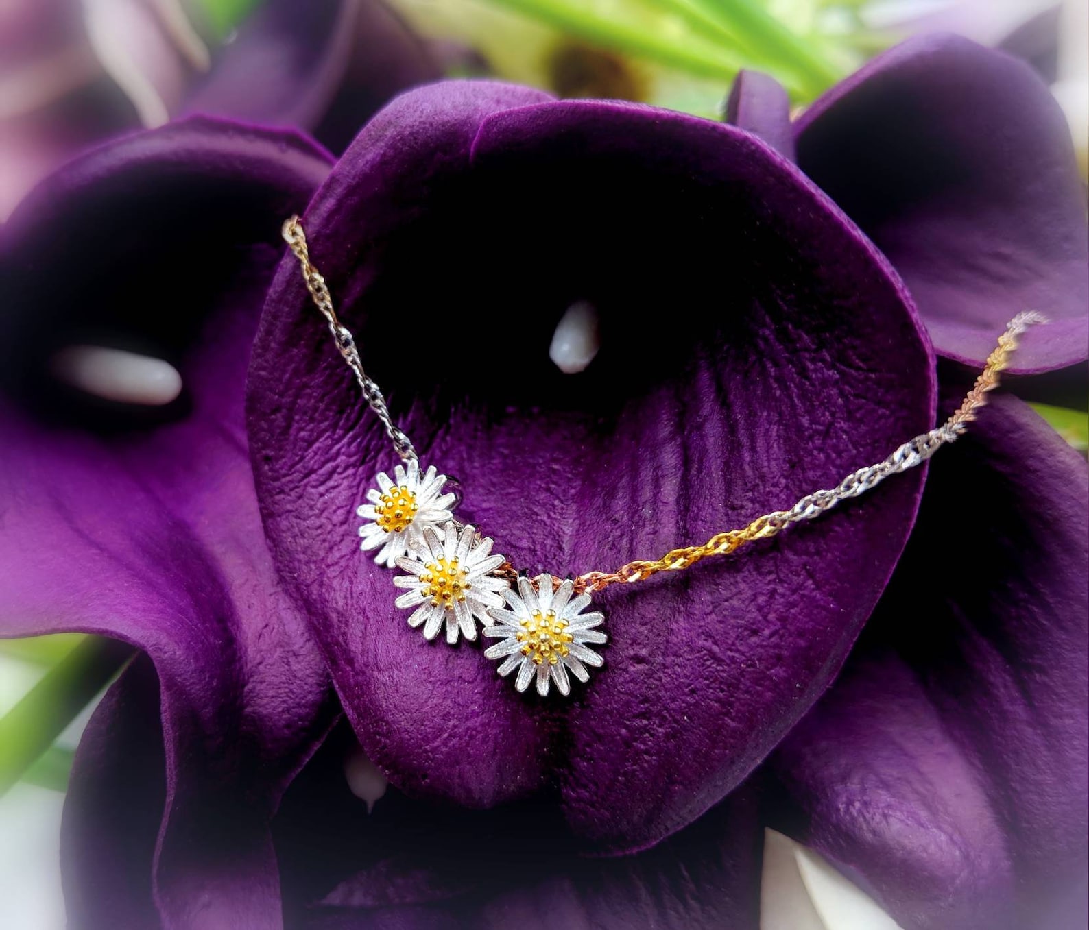 Two Tone Daisy Necklace 925 Three or Five Flower Necklace on Etsy